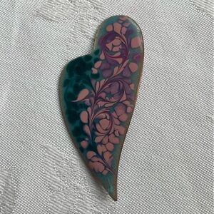 Vintage Signed INGA Heart Enamel on Copper Brooch Pin Floral Organic Teal Pink